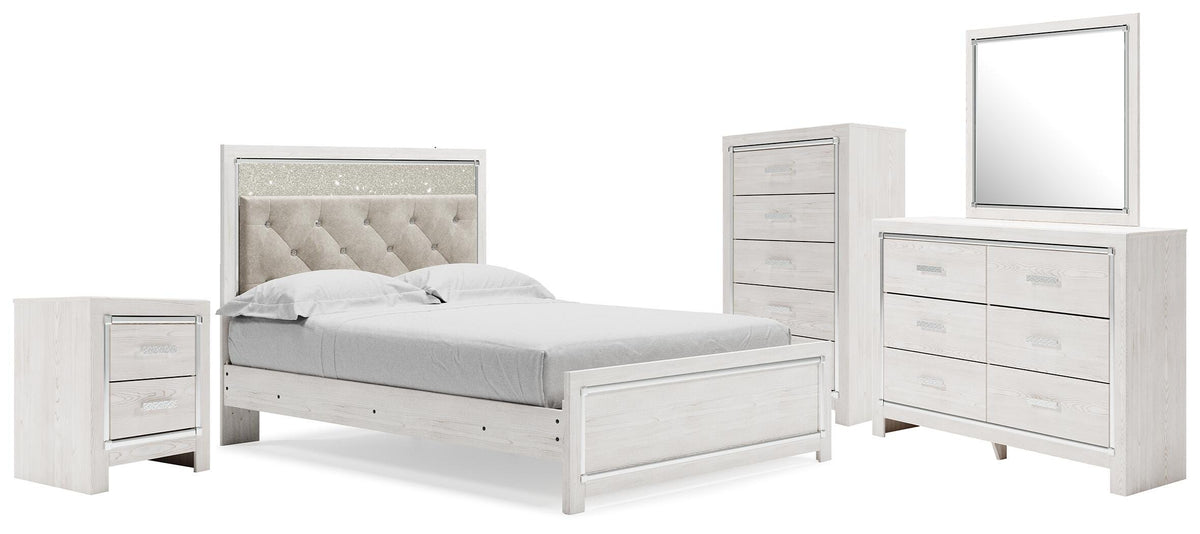Altyra Queen Upholstered Panel Bed, Dresser, Mirror, Chest and Nightstand