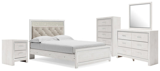 Altyra Queen Upholstered Panel Bed, Dresser, Mirror, Chest and Nightstand