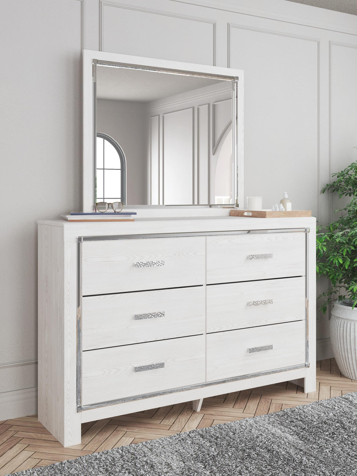 Altyra Queen Upholstered Panel Bed, Dresser and Mirror