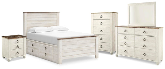 Willowton Full Panel Bed with storage, Dresser, Mirror, Chest and Nightstand