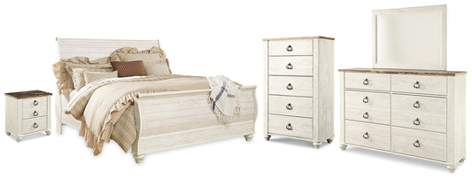 Willowton King Sleigh Bed, Dresser, Mirror, Chest and Nightstand