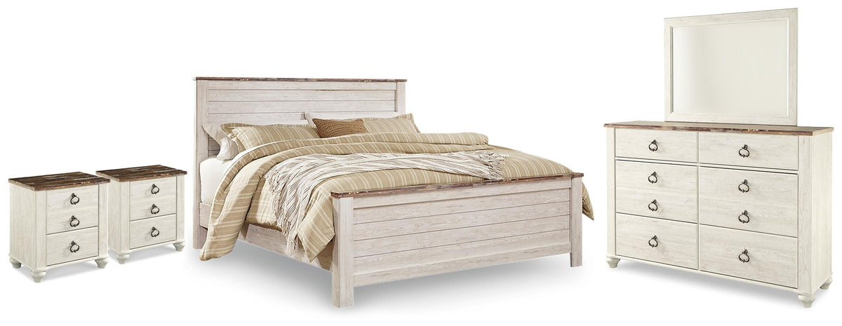 Willowton King Panel Bed, Dresser, Mirror and 2 Nightstands