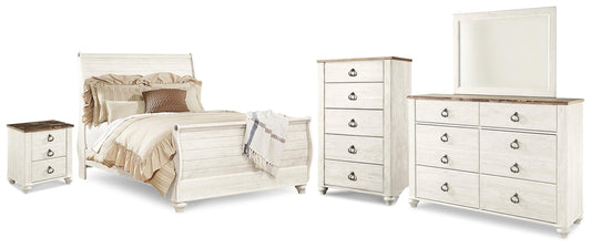 Willowton Queen Sleigh Bed, Dresser, Mirror, Chest and Nightstand