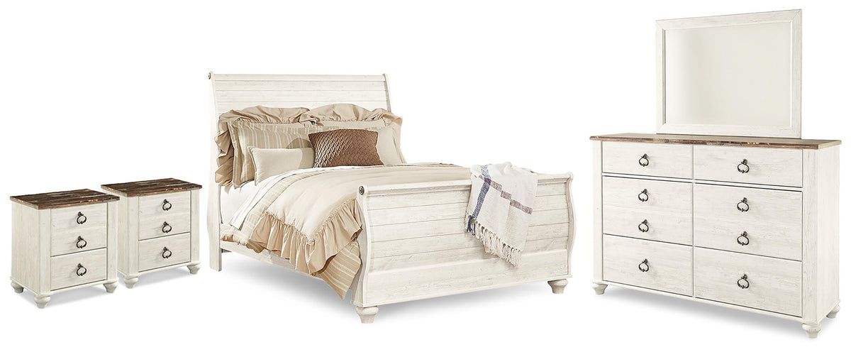 Willowton Queen Sleigh Bed, Dresser, Mirror and 2 Nightstands