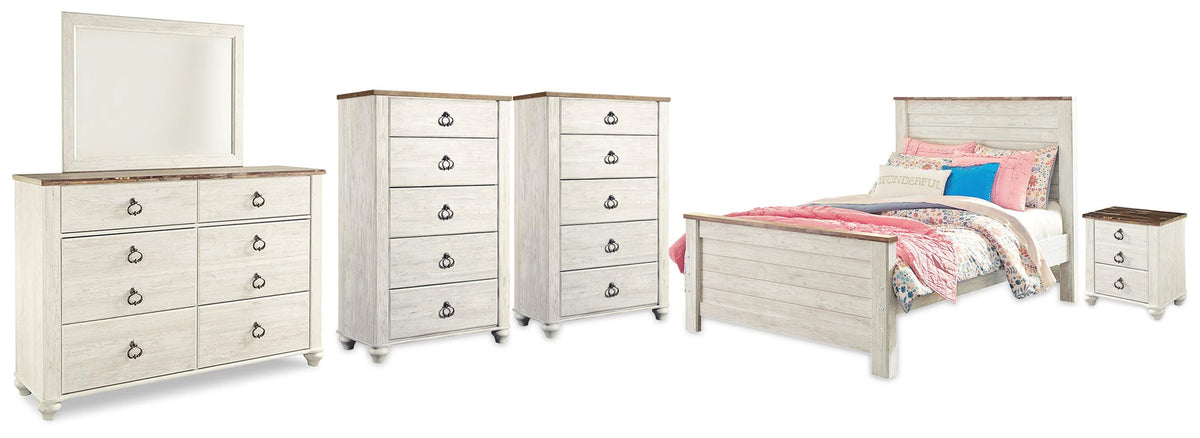 Willowton Full Panel Bed, Dresser, Mirror, 2 Chests and nightstand