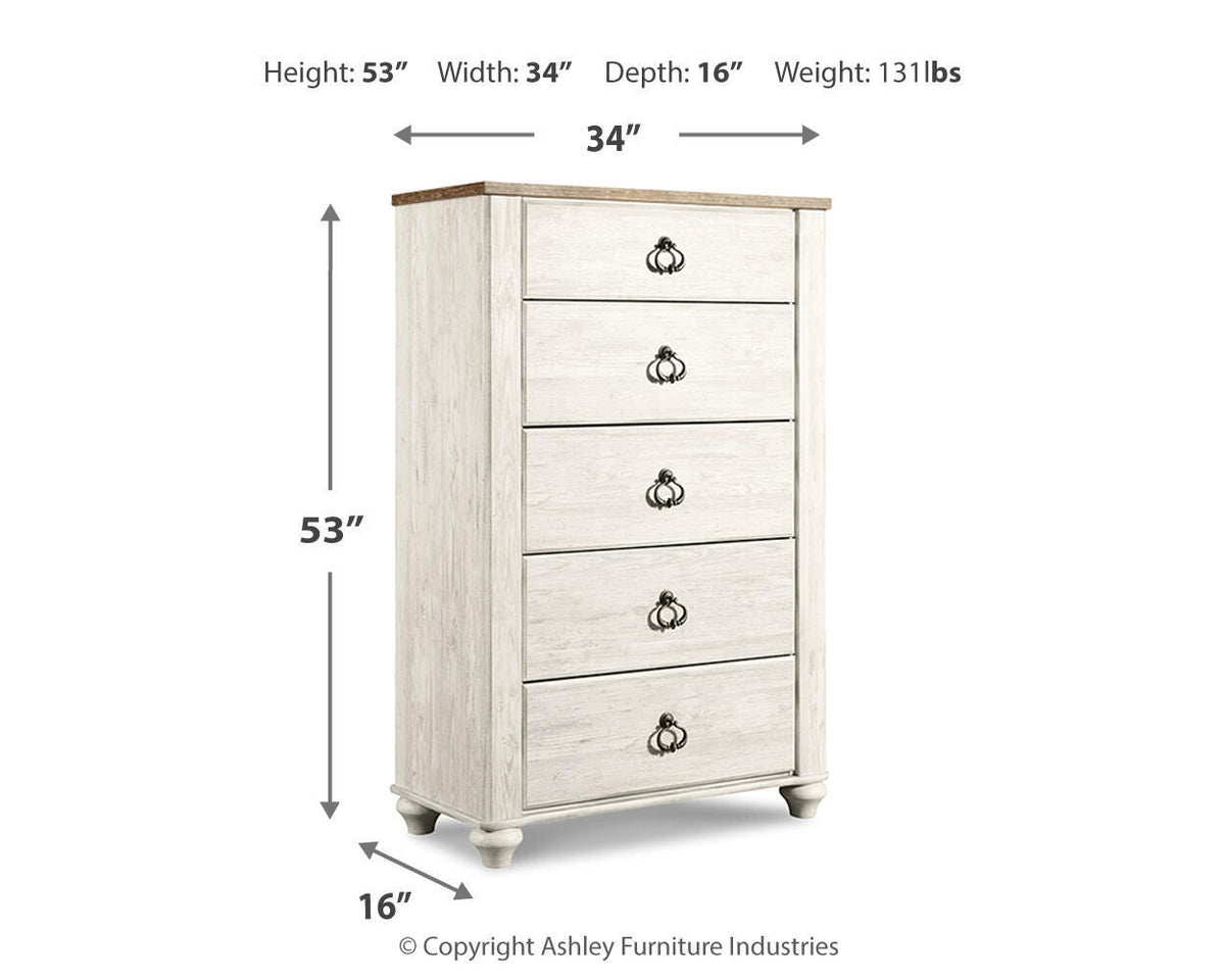Willowton Full Panel Bed, Dresser, Mirror, 2 Chests and nightstand