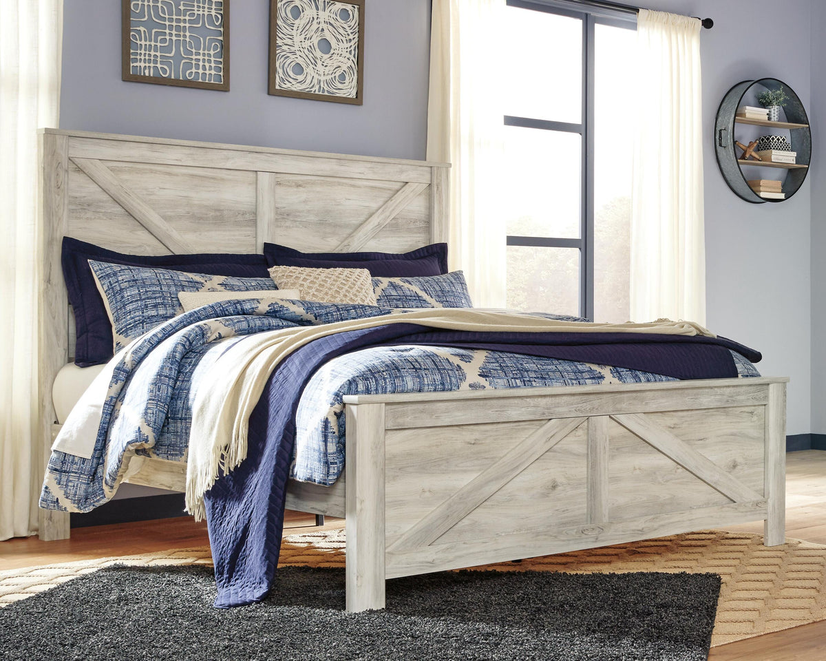 Bellaby King Crossbuck Panel Bed, Dresser, Mirror, and Nightstand