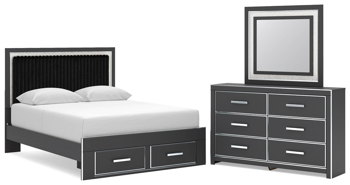 Zuraleus Queen Upholstered Panel Platform Storage Bed, Dresser and Mirror