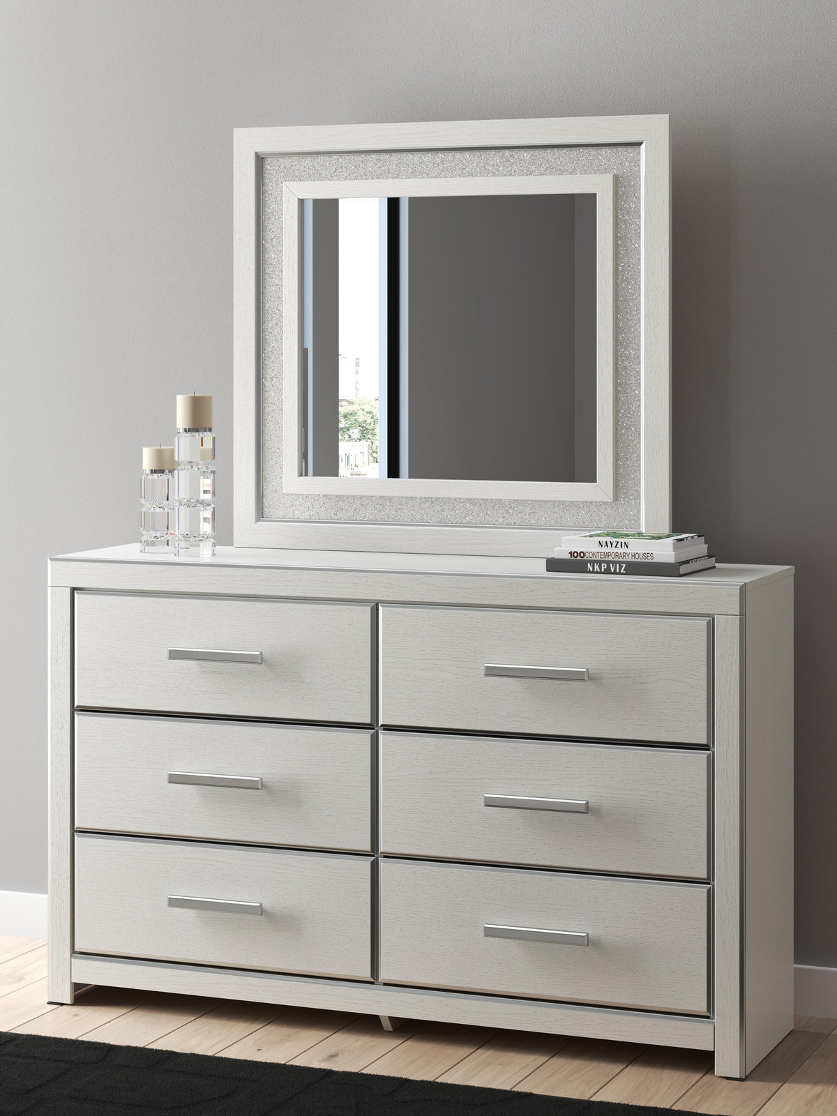 Zuraleus Queen Upholstered Panel Platform Storage Bed, Dresser and Mirror