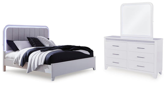 Jarlee Queen Upholstered Panel Bed, Dresser and Mirror