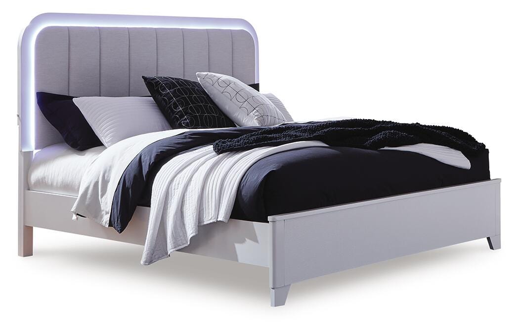 Jarlee Queen Upholstered Panel Bed, Dresser, Mirror, Chest and 2 Nightstands