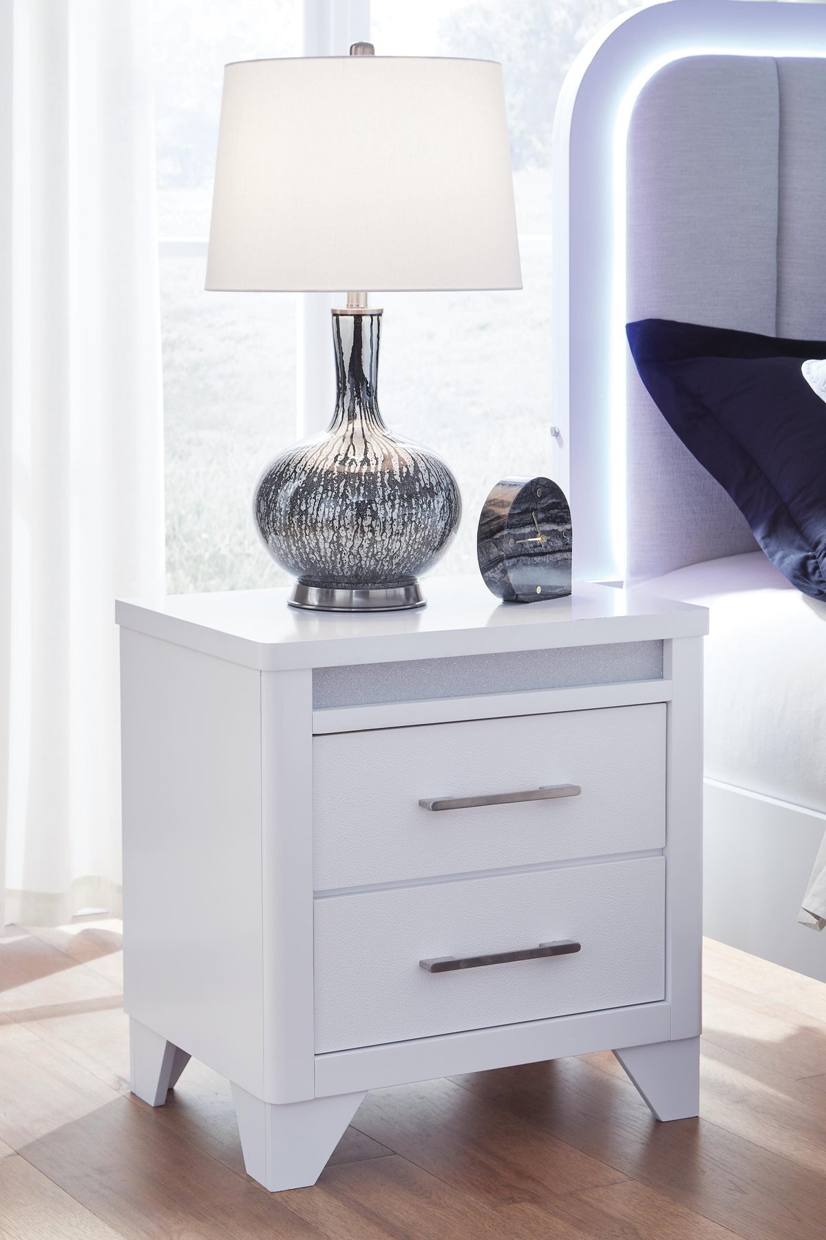 Jarlee Queen Upholstered Panel Bed, Dresser, Mirror, Chest and 2 Nightstands