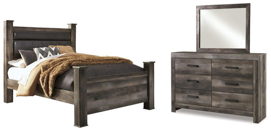 Wynnlow Queen Upholstered Poster Bed, Dresser and Mirror