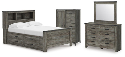 Frandern Full Bookcase Panel Bed with Storage, Dresser, Mirror and Chest