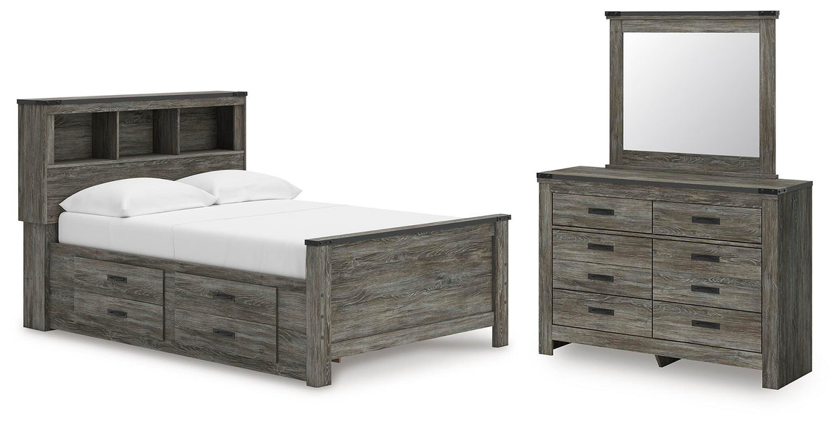 Frandern Full Bookcase Bed with Storage, Dresser and Mirror