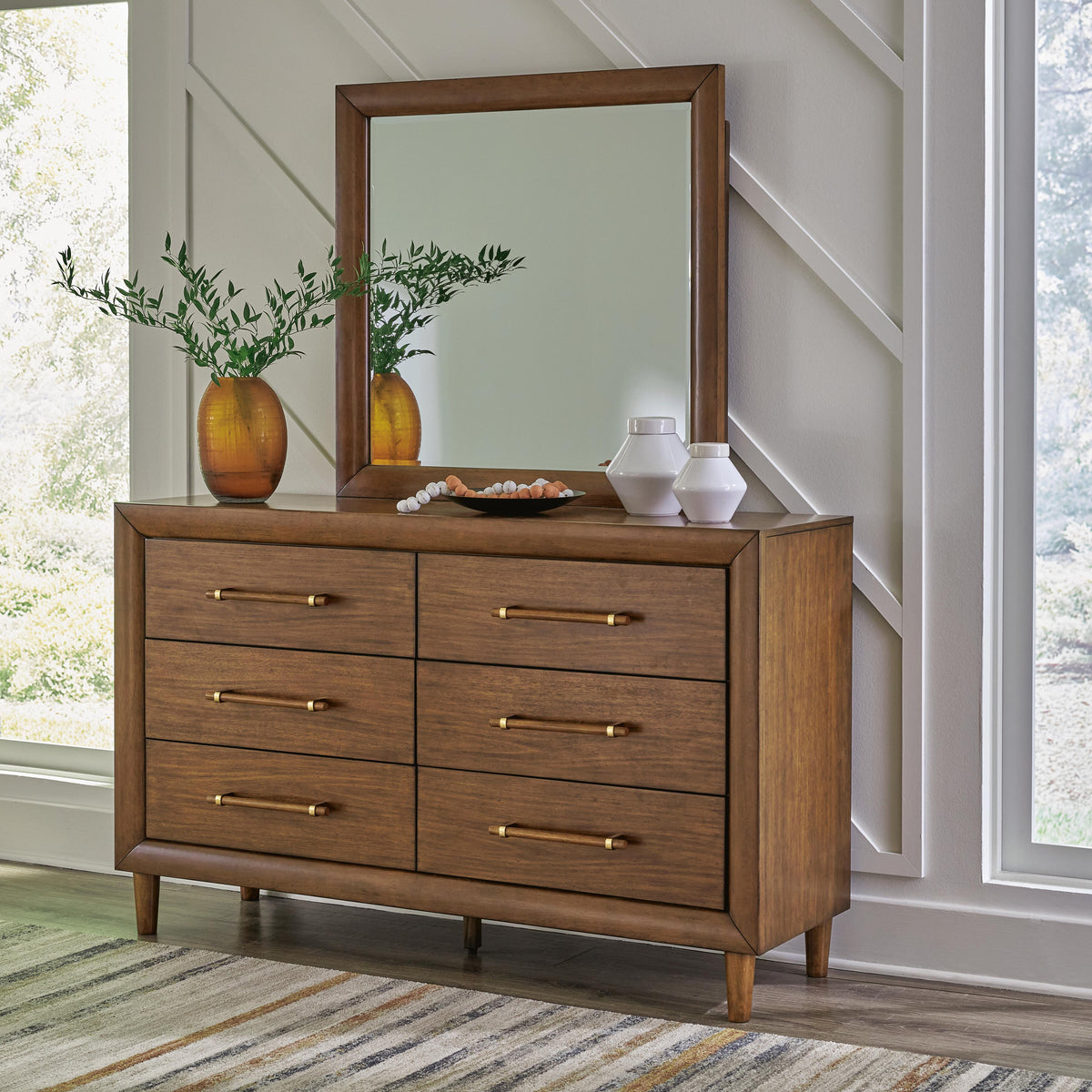 Lyncott California King Upholstered Bed, Dresser and Mirror