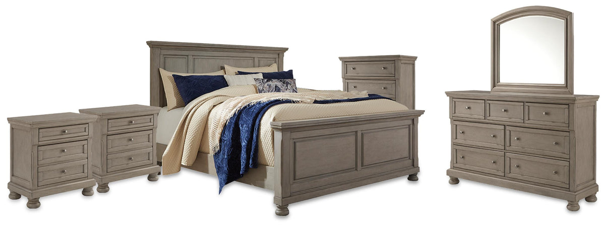 Lettner King Panel Bed, Dresser, Mirror, Chest and 2 Nightstands