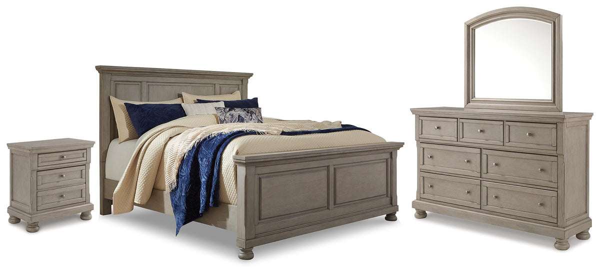 Lettner King Panel Bed with Dresser, Mirror and Nightstand