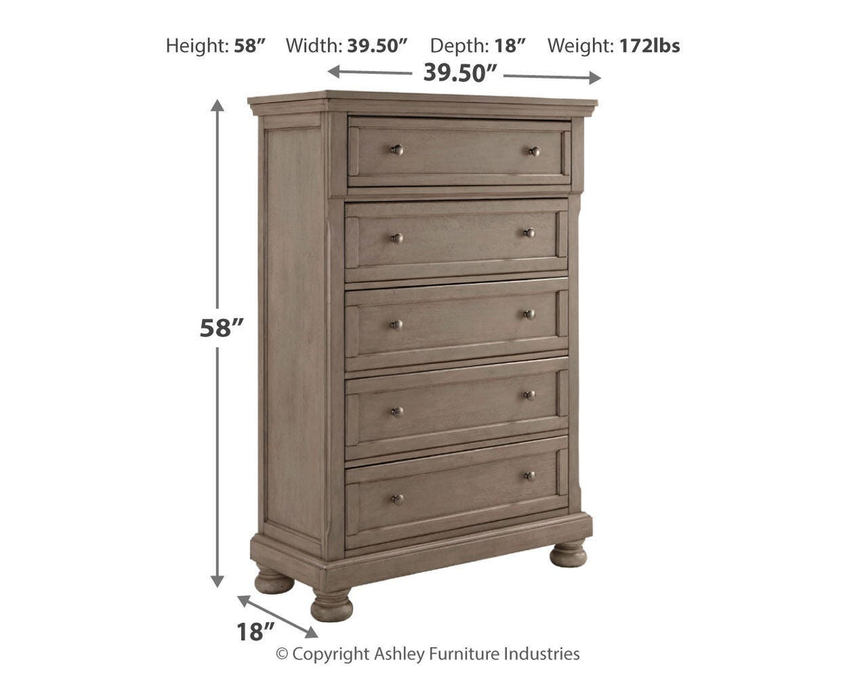 Lettner King Panel Bed, Dresser, Mirror, Chest and 2 Nightstands