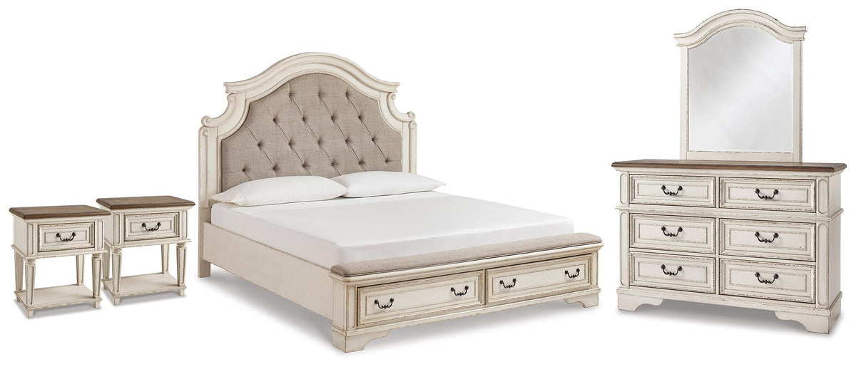 Realyn King Panel Storage Bed, Dresser, Mirror and 2 Nightstands