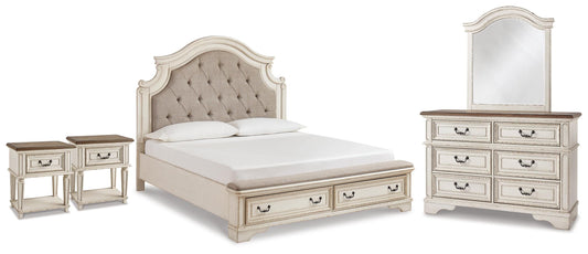Realyn King Panel Storage Bed, Dresser, Mirror and 2 Nightstands