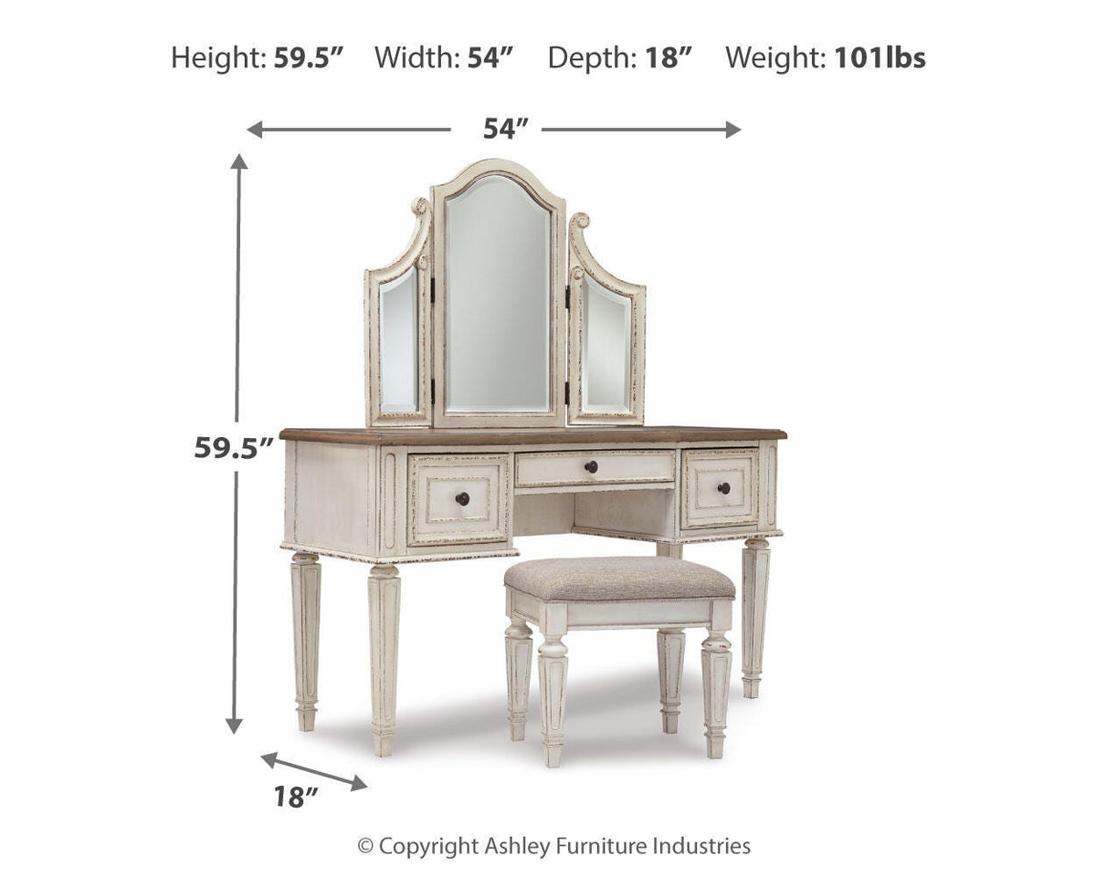 Realyn Queen Panel Bed, Dresser, Mirror and Vanity