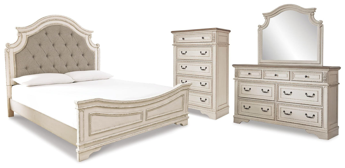 Realyn King Panel Upholstered Bed, Dresser, Mirror and Chest