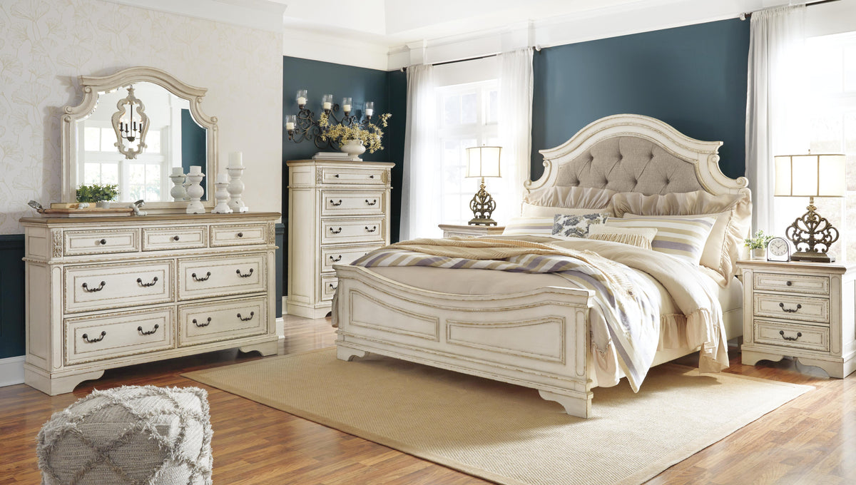 Realyn King Upholstered Panel Bed, Dresser and Mirror