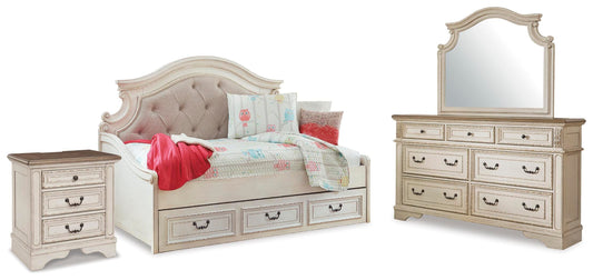 Realyn Twin Day Bed with Storage, Dresser, Mirror and Nightstand