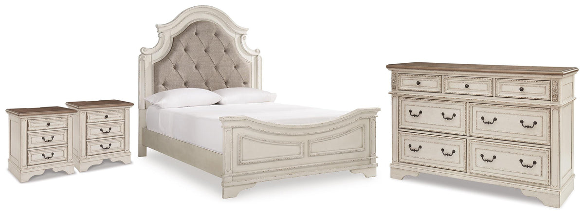 Realyn Queen Upholstered Panel Bed, Dresser and 2 Nightstands