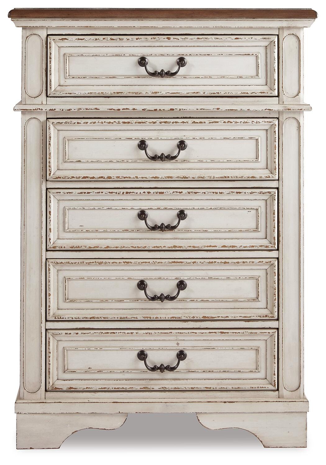 Realyn Queen Upholstered Panel Bed, Dresser, Mirror, Chest and Nightstand