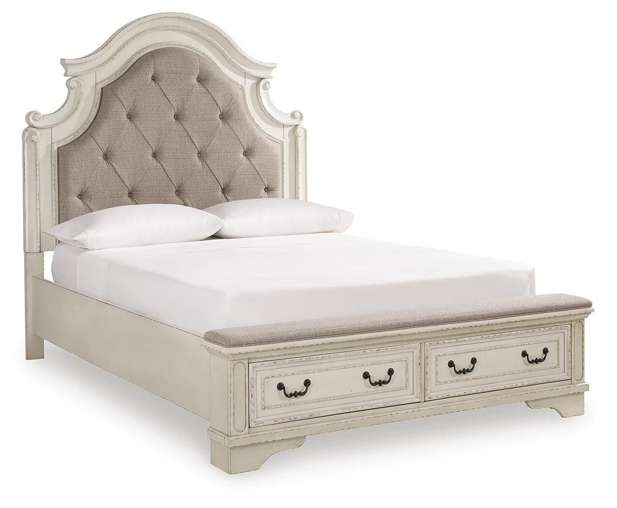 Realyn Queen Upholstered Storage Bed, Dresser and Nightstand