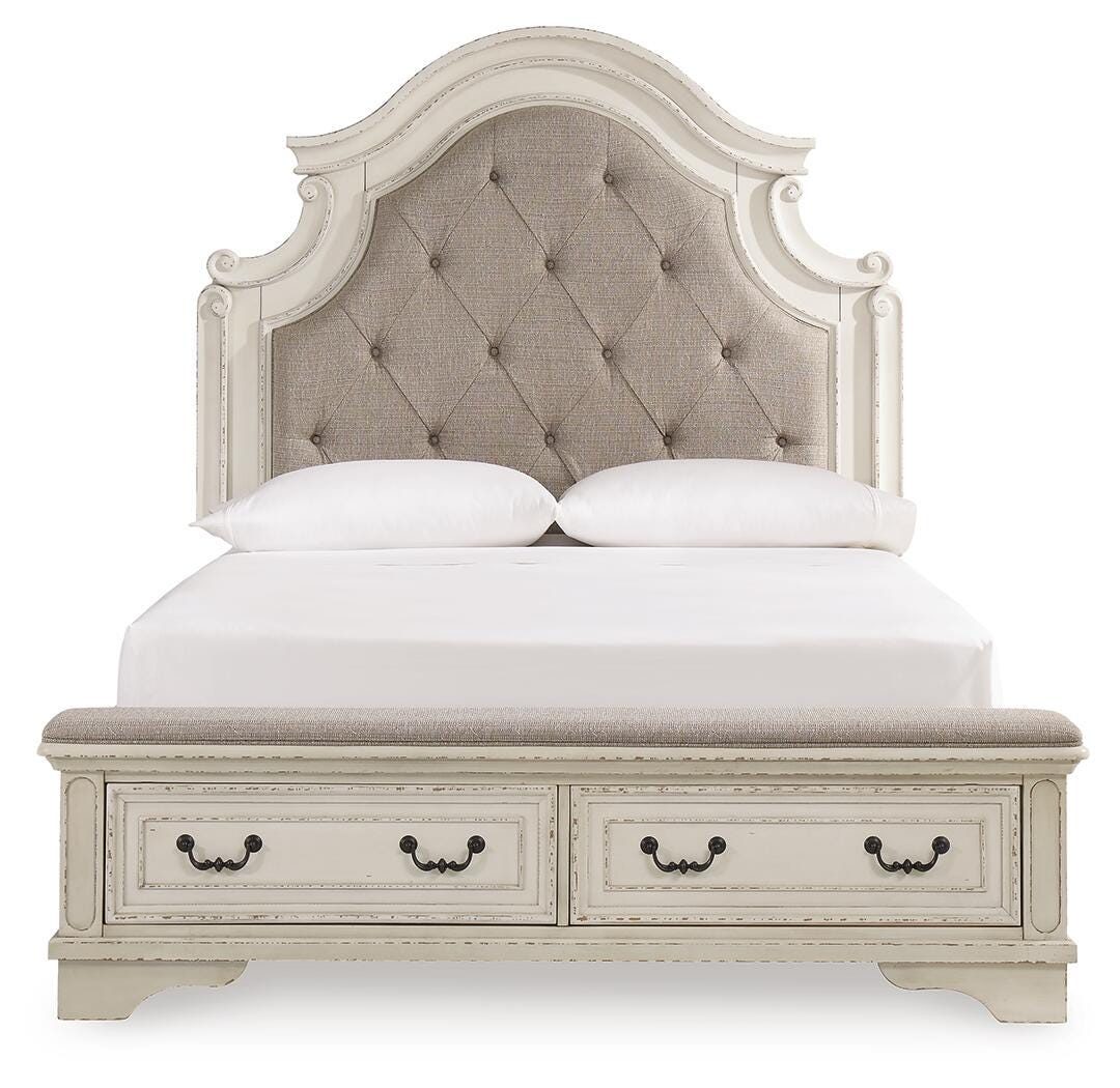 Realyn Queen Upholstered Storage Bed, Dresser, Chest and Nightstand