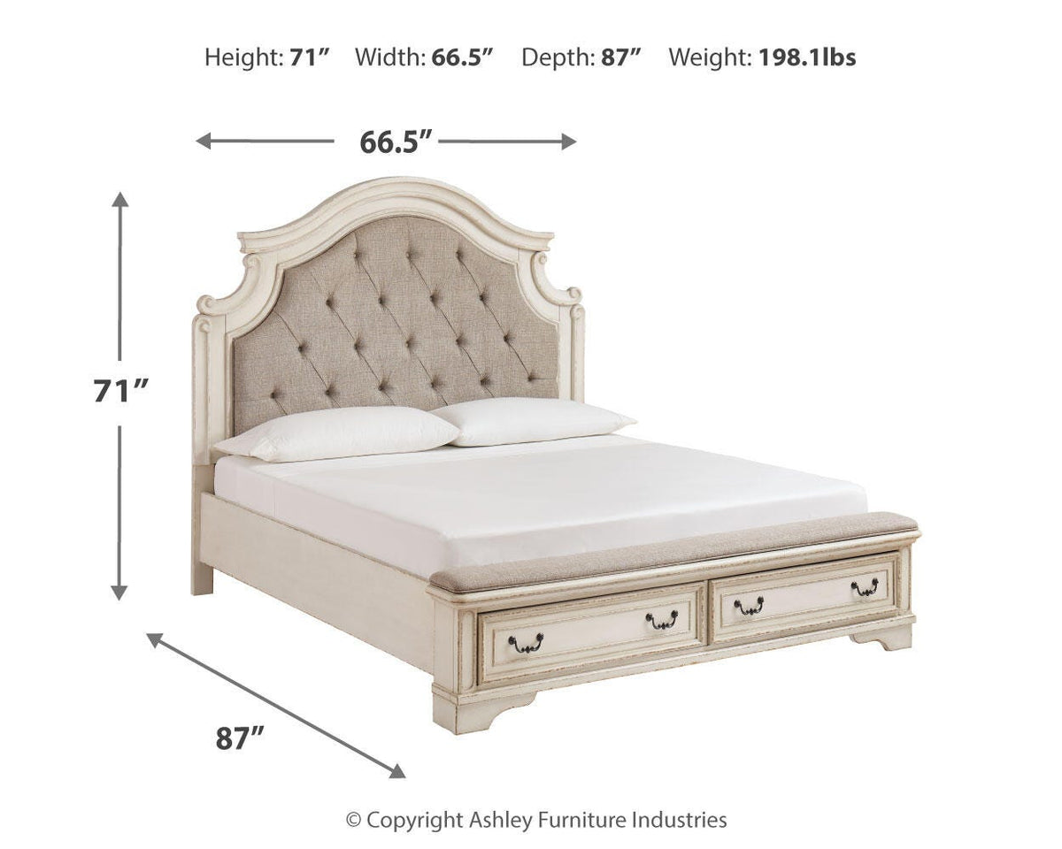Realyn Queen Upholstered Storage Bed, Dresser, Chest and Nightstand