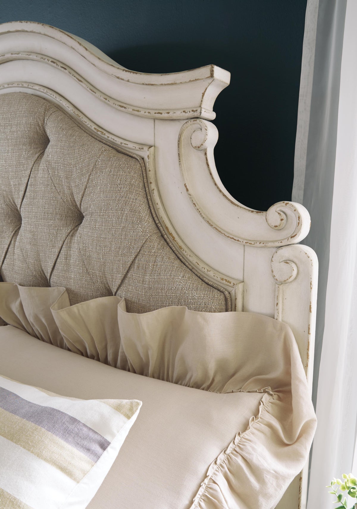 Realyn Queen Upholstered Panel Bed, Dresser, Mirror, Chest and Nightstand