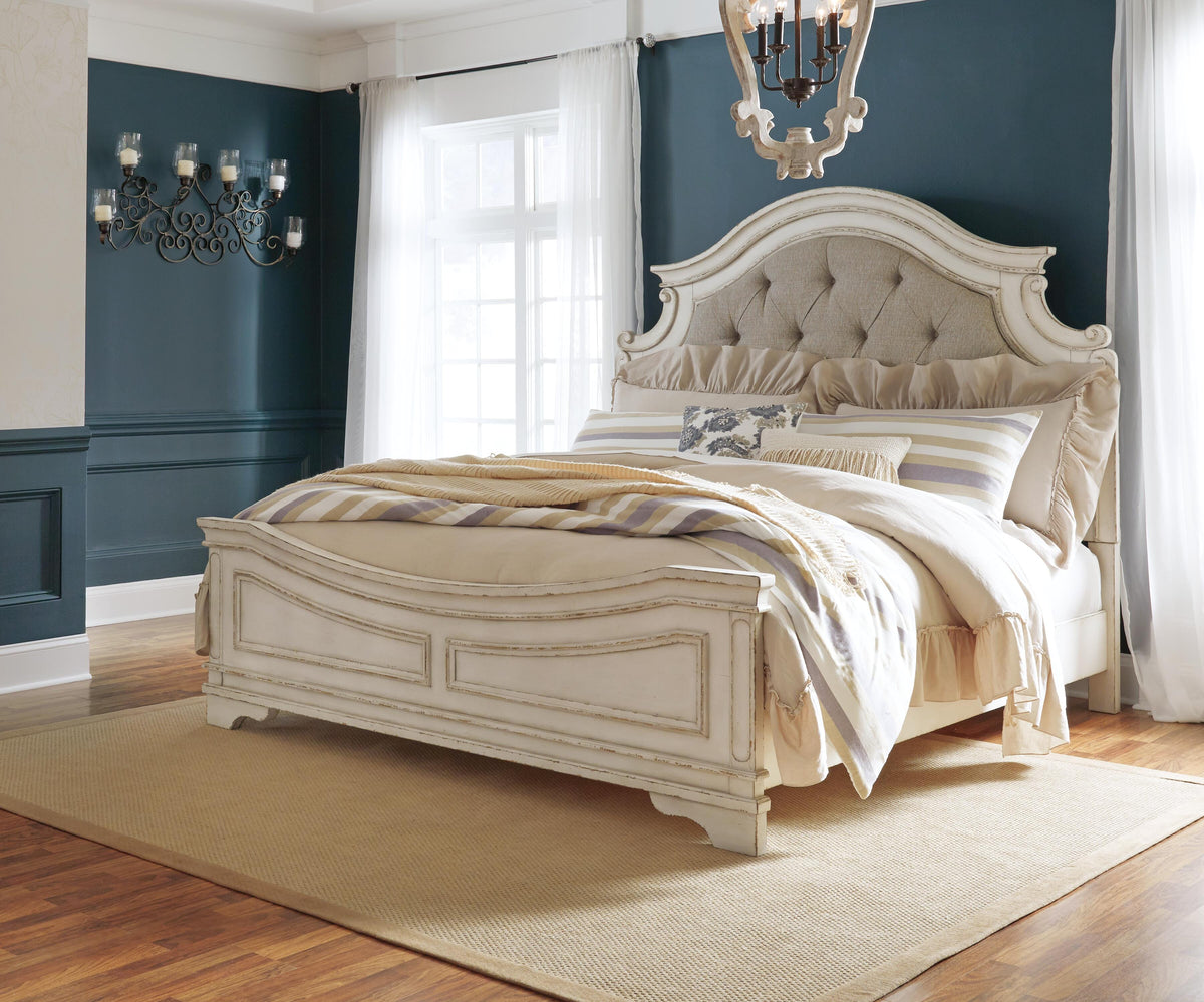 Realyn King Panel Upholstered Bed, Dresser, Mirror and Chest