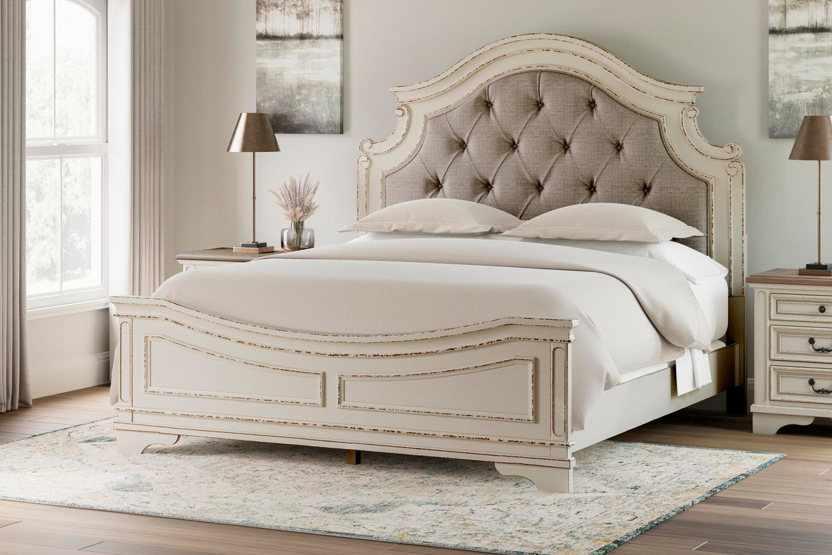 Realyn King Upholstered Panel Bed, Chest and 2 Nightstands