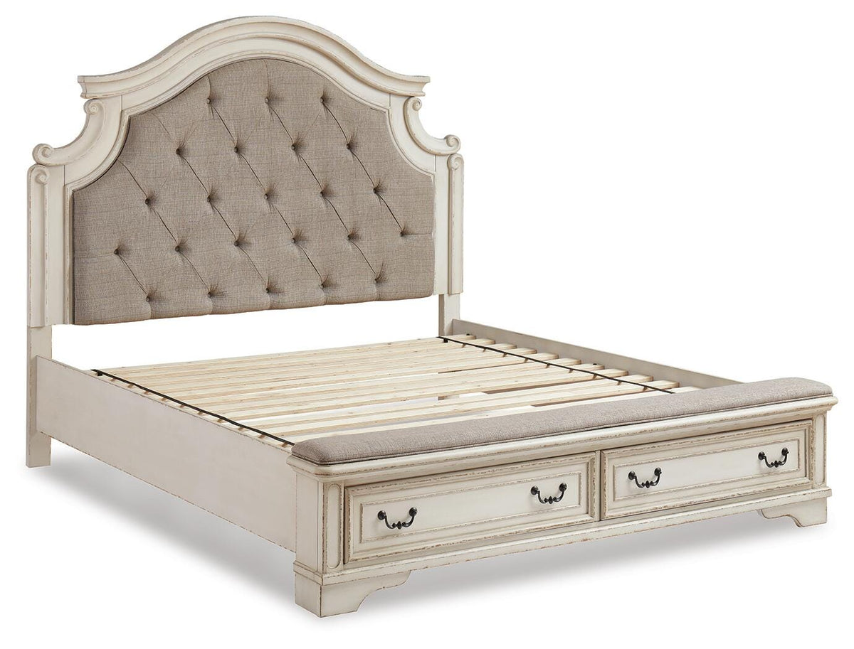 Realyn King Upholstered Panel Bed, Dresser, Mirror and Nightstand