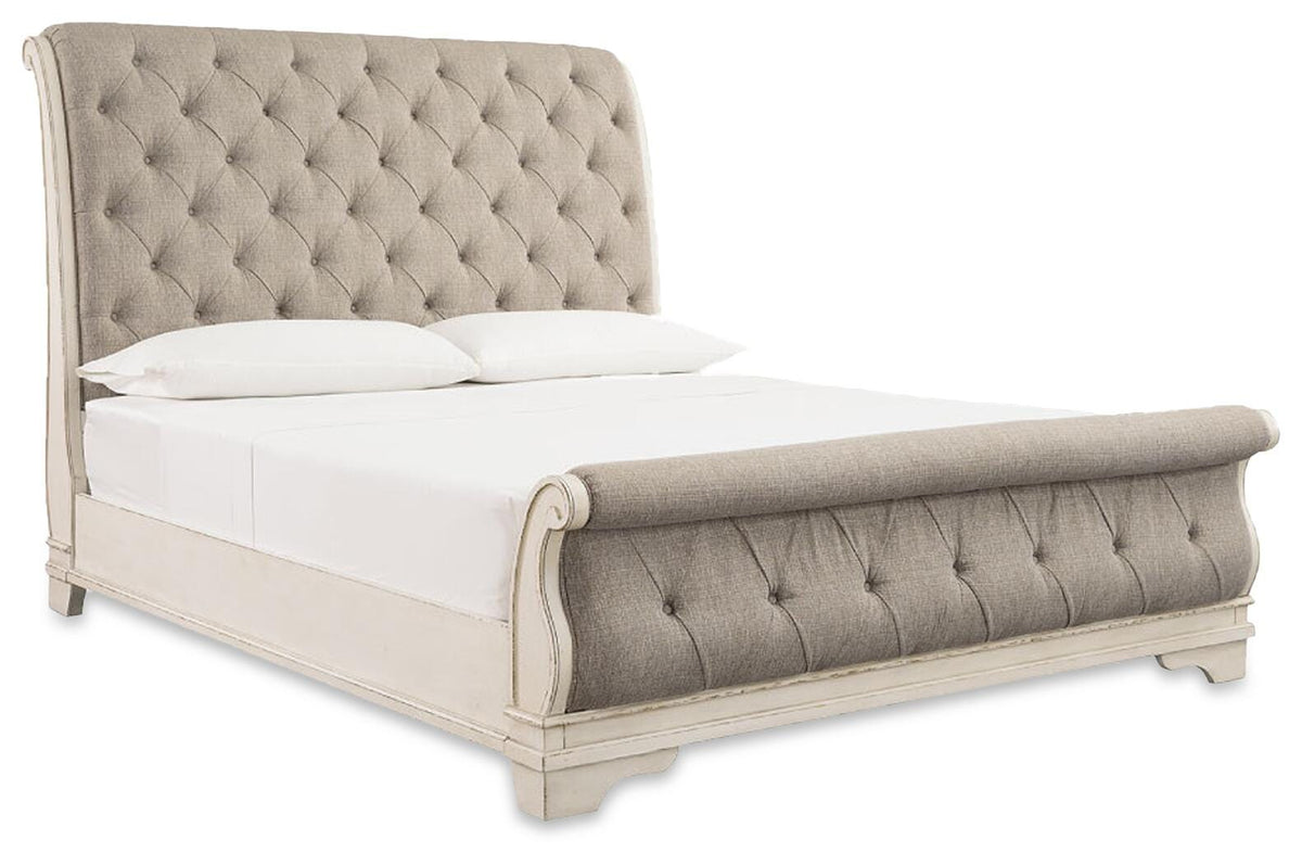 Realyn Queen Upholstered Sleigh Bed, Dresser and 2 Nightstands