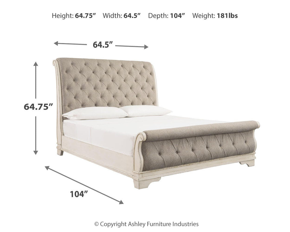 Realyn Queen Upholstered Sleigh Bed, Dresser and 2 Nightstands