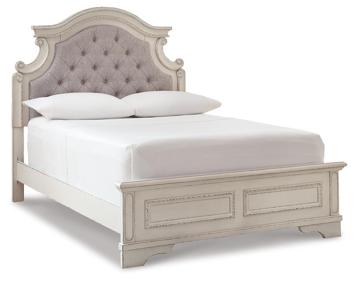 Realyn Full Upholstered Panel Bed, Chest and Nightstand
