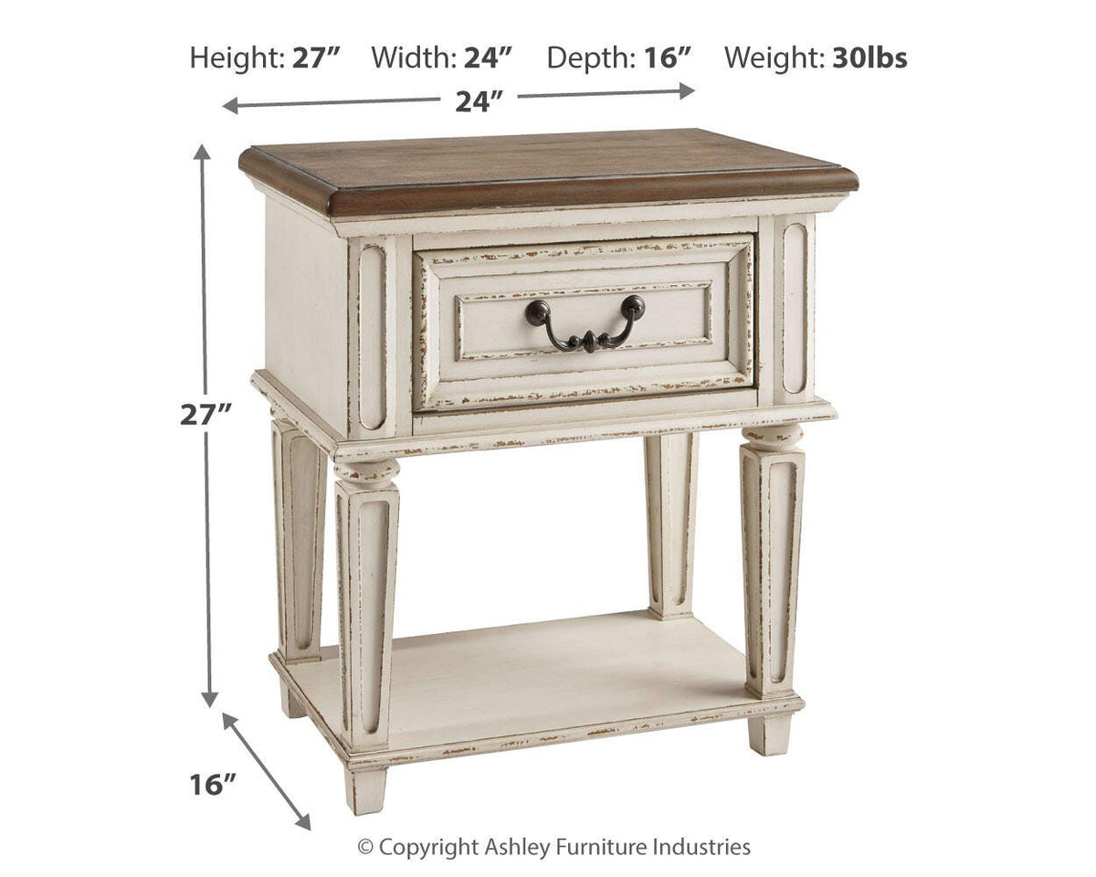Realyn Queen Upholstered Sleigh Bed, Dresser and 2 Nightstands