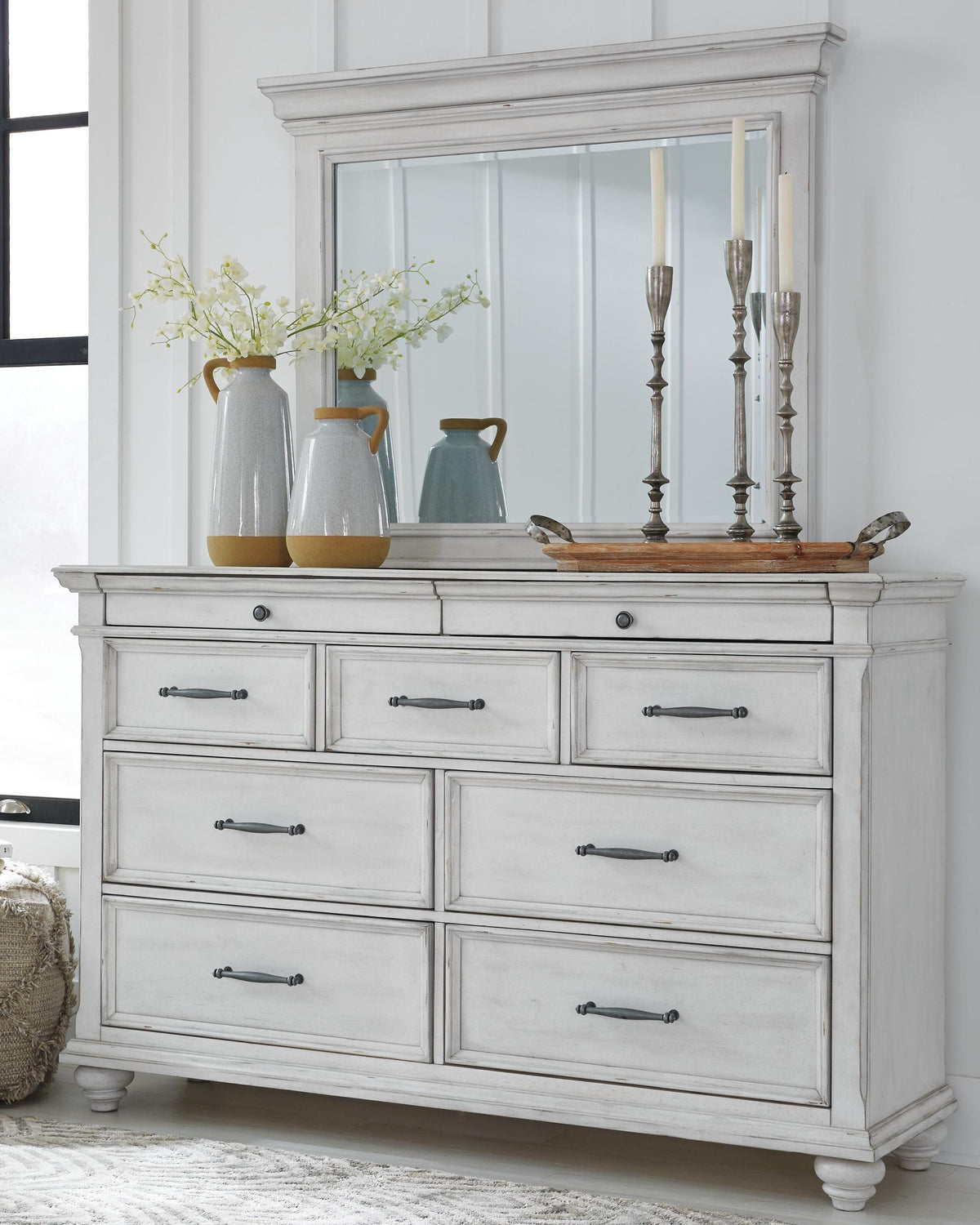 Kanwyn King Upholstered Panel Bed, Dresser, Mirror and Chest