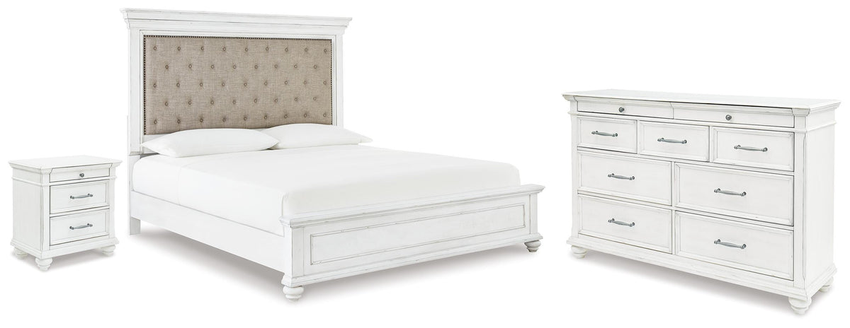 Kanwyn King Upholstered Panel Bed, Dresser and Nightstand