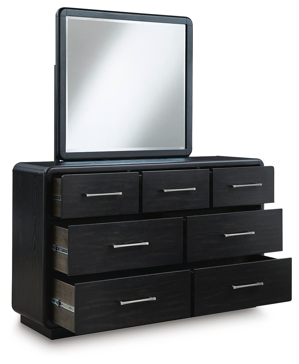 Rowanbeck California King Upholstered Panel Bed, Dresser and Mirror