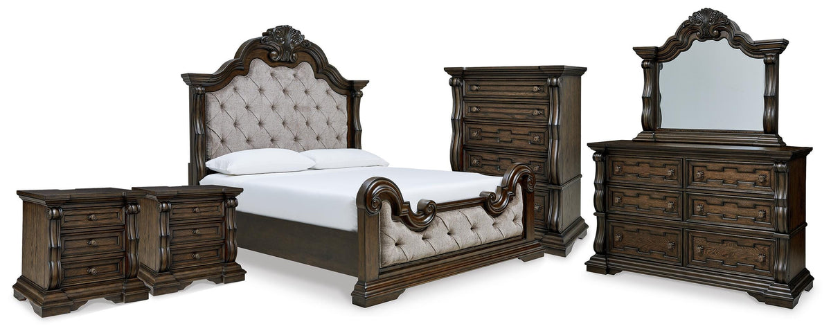 Maylee King Upholstered Bed, Dresser, Mirror, Chest and 2 Nightstands