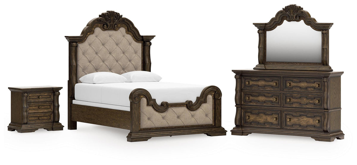 Maylee Queen Upholstered Panel Bed, Dresser, Mirror and Nightstand