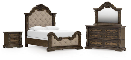 Maylee Queen Upholstered Panel Bed, Dresser, Mirror and Nightstand