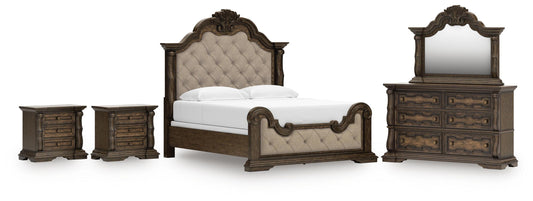 Maylee King Upholstered Bed, Dresser, Mirror and 2 Nightstands