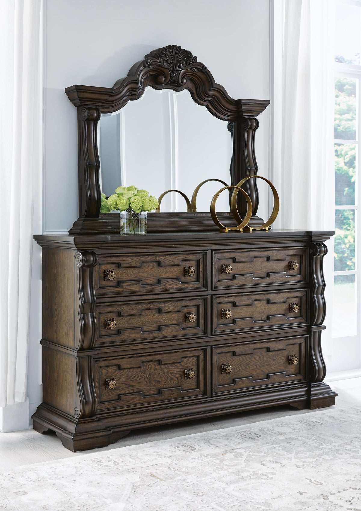 Maylee King Upholstered Bed, Dresser, Mirror, Chest and 2 Nightstands